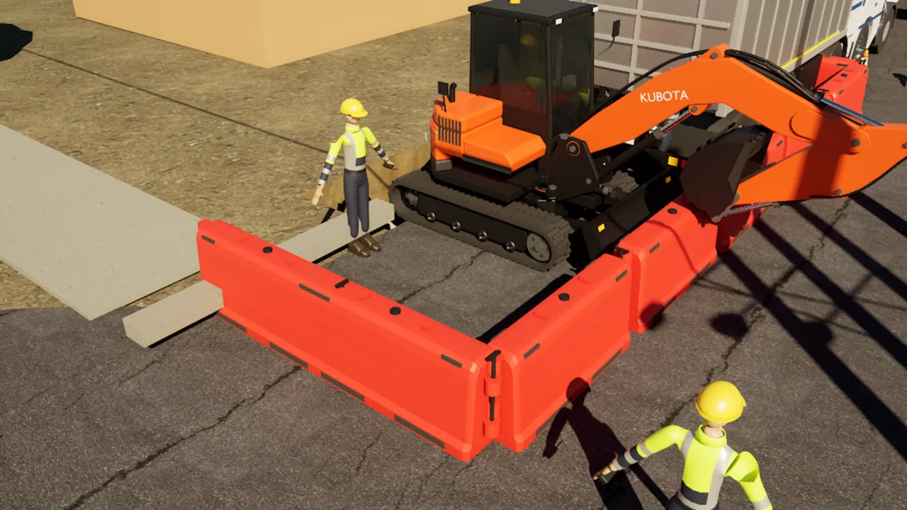 Works zone: Excavator inside the barrier line, crew on the kerb.