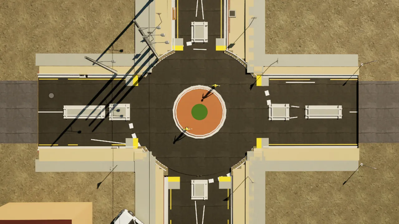 Roundabout, plan view: The finished intersection with line marking.